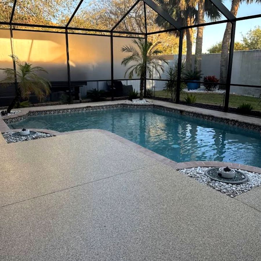 Concrete pool deck with textured finish